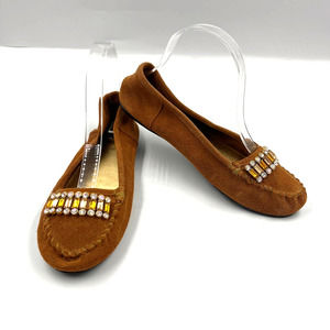 Yellow Box Retro Leather Moccasins Beaded Jeweled Accents Round Toe Womens 6.5